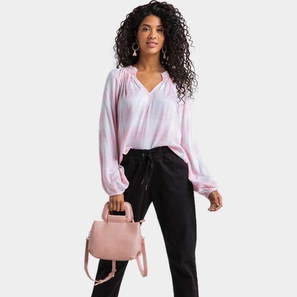 Francesca's Plaid Long Sleeve Blouse Pink/White Size XS